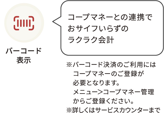 バーコード表示：コープマネーとの連携でおサイフいらずのラクラク会計